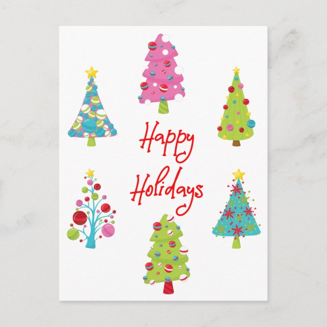 Fun Colorful Christmas Trees Happy Holidays Postcard (Front)
