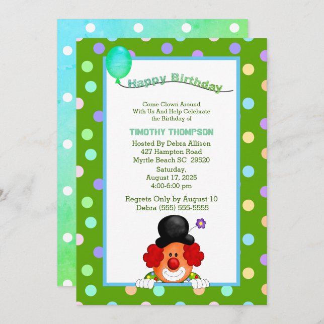 Fun Colorful Clown Birthday Party Invitation (Front/Back)