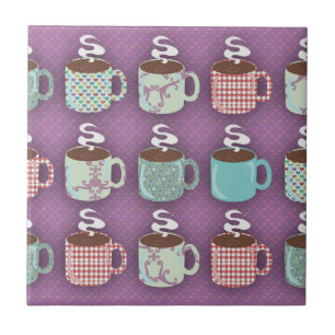 Fun Colorful Coffee Cups Illustrated Pattern Ceramic Tile