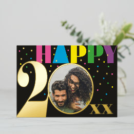 Fun Colorful Confetti Happy 20xx 5 x 7 Photo  Foil Holiday Card