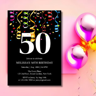 Fun Colorful Confetti Ribbon Black 50 Birthday Invitation