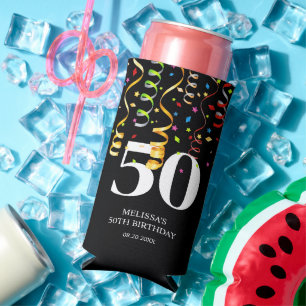 Fun Colorful Confetti Ribbon Black 50 Birthday  Seltzer Can Cooler