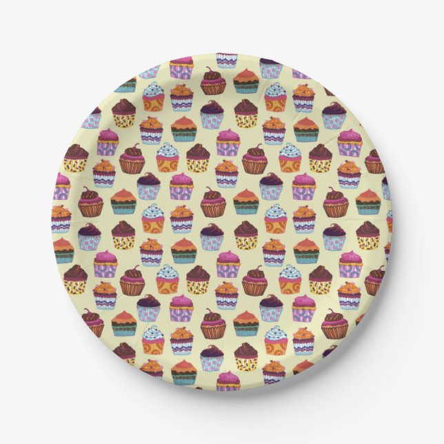 Fun Colorful Cupcakes Illustration Pattern Paper Plates (Front)
