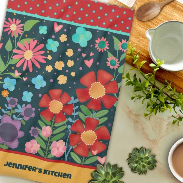 Fun Colorful Customized Name Cute Floral Kitchen Towel (Creator Uploaded)