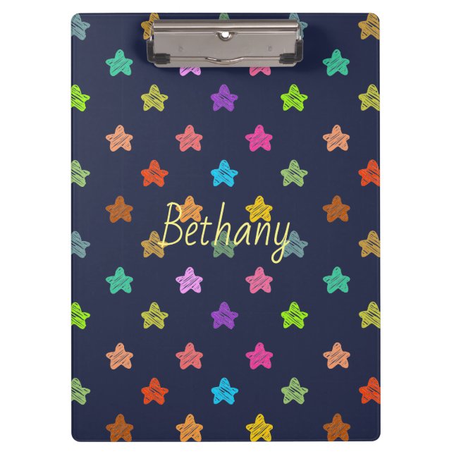 Fun Colorful Doodle Stars on Blue Personalised Clipboard (Front)