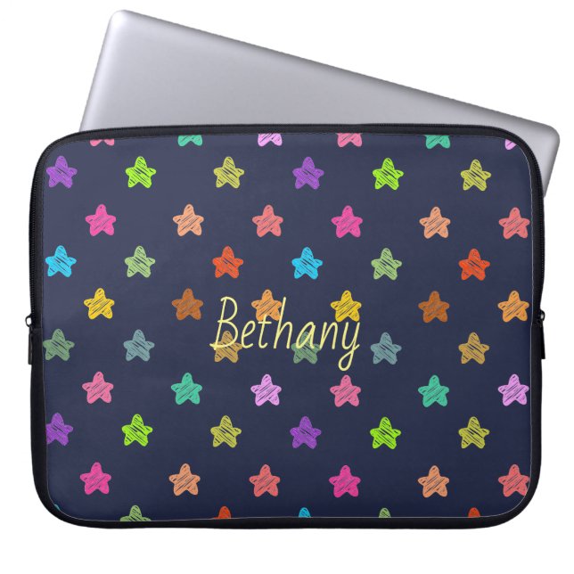 Fun Colorful Doodle Stars on Blue Personalised Laptop Sleeve (Front)