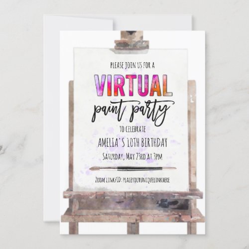 Fun Colorful Easel Virtual Paint Party Birthday Invitation