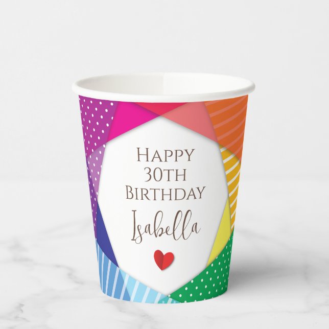 Fun Colorful Festival Themed Happy 30th Birthday Paper Cups (Left)