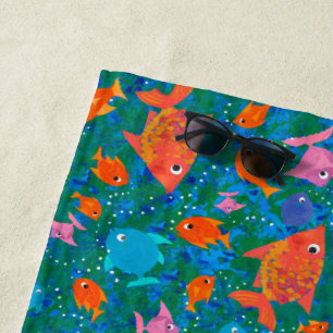 Fun Colorful Fish  on Ocean Blue and Green Beach Towel