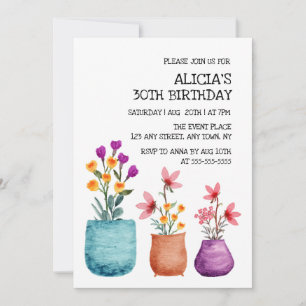 Fun & Colorful Flower On Pot Watercolor Birthday Invitation