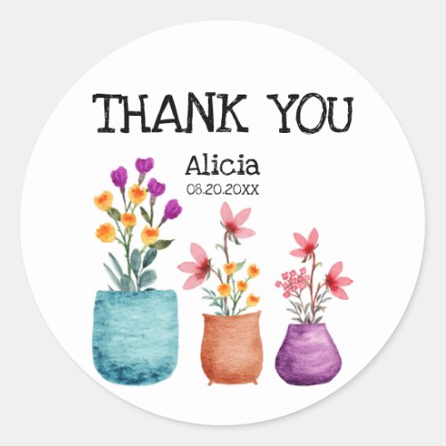 Fun  Colorful Flower On Pot Watercolor Thank You Classic Round Sticker