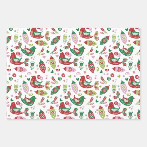 Fun Colorful Folk Art Partridges Christmas  Wrapping Paper Sheets