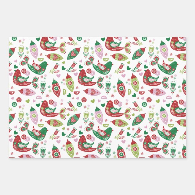 Fun Colorful Folk Art Partridges Christmas  Wrapping Paper Sheets (Front)