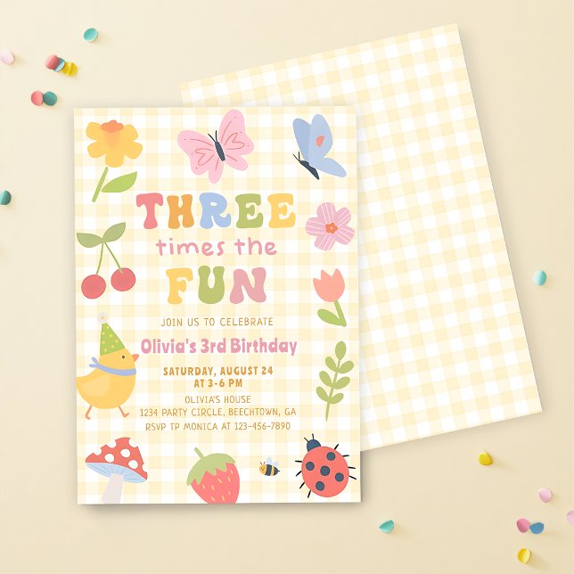 Fun Colorful Gingham Girl 3rd Birthday Invitation (Creator Uploaded)
