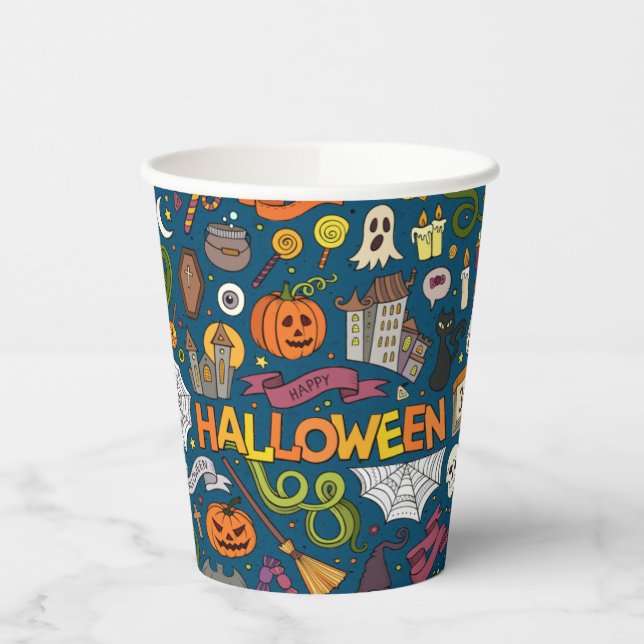 Fun Colorful Halloween Theme on Blue Paper Cups (Left)
