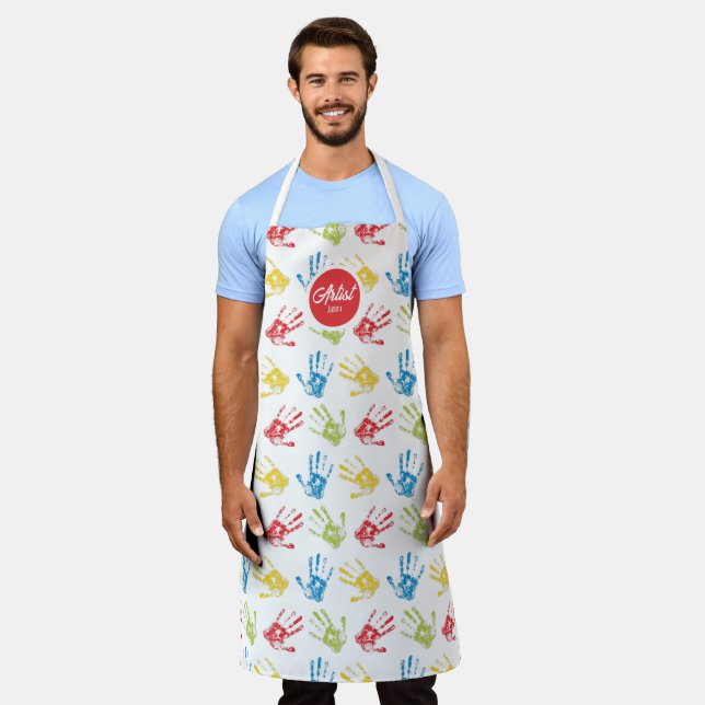 Fun Colorful Handprint Pattern Apron (Worn)