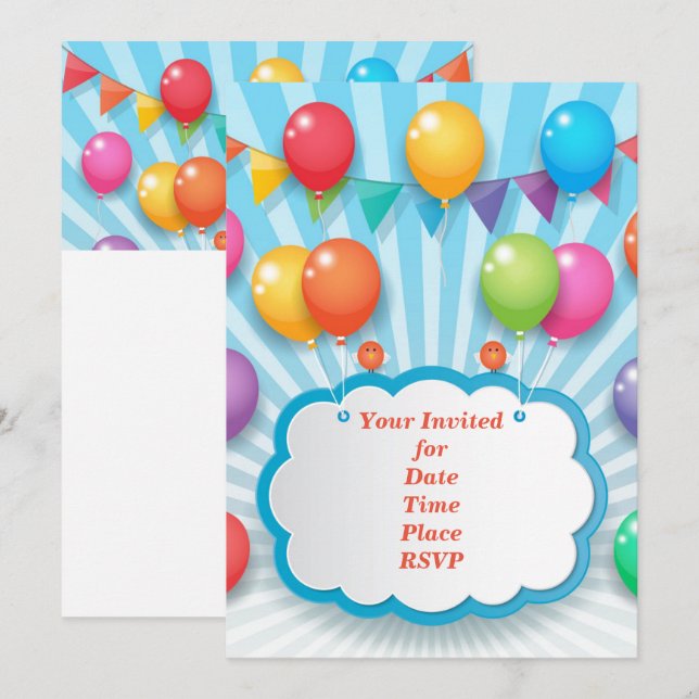 Fun Colorful Happy Birthday Balloons Invitation (Front/Back)