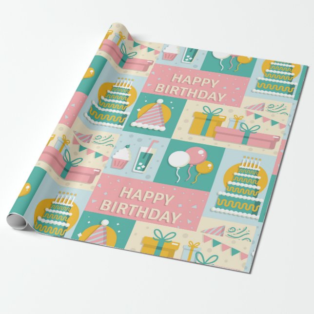 Fun Colorful Happy Birthday Wrapping Paper (Unrolled)