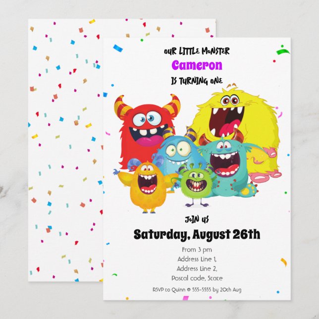 Fun & Colorful Happy Cute Monster Birthday Party Invitation (Front/Back)