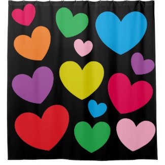 Colorful Hearts on Black Shower Curtain