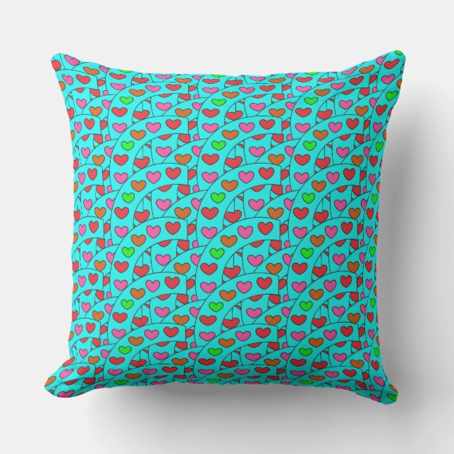 Fun Colorful Hearts on Turquoise Large Throw Pillow (Front)