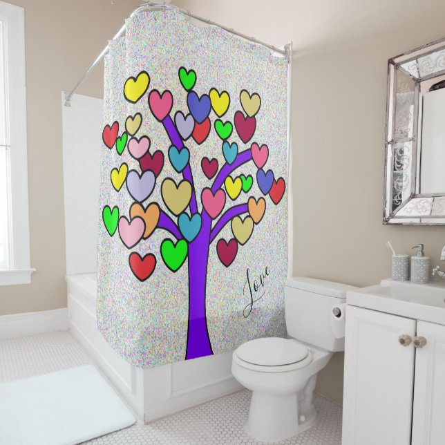 Fun Colorful Hearts Purple Love Tree Shower Curtain (In Situ)