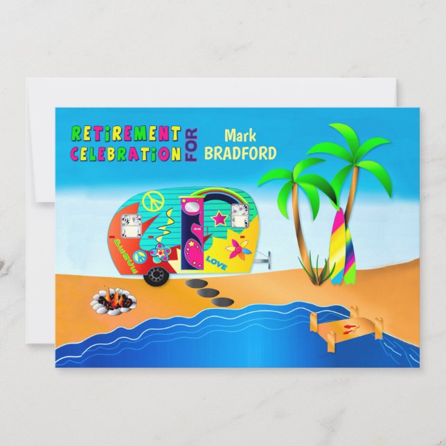 Fun & Colorful Hippie Camper Retirement Invitation (Front)