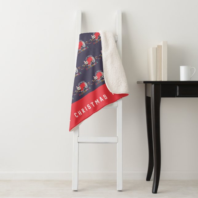 Fun colorful holiday modern sloth christmas sherpa blanket (In Situ)