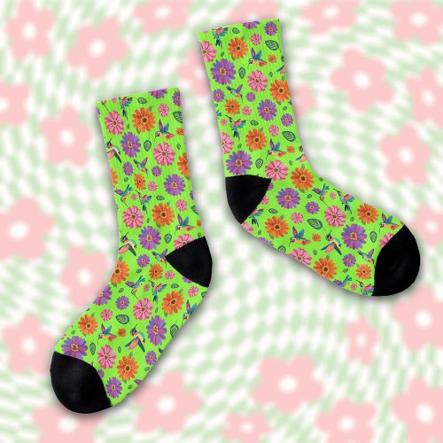 Fun Colorful Hummingbirds Zinnia Flowers Pattern  Socks