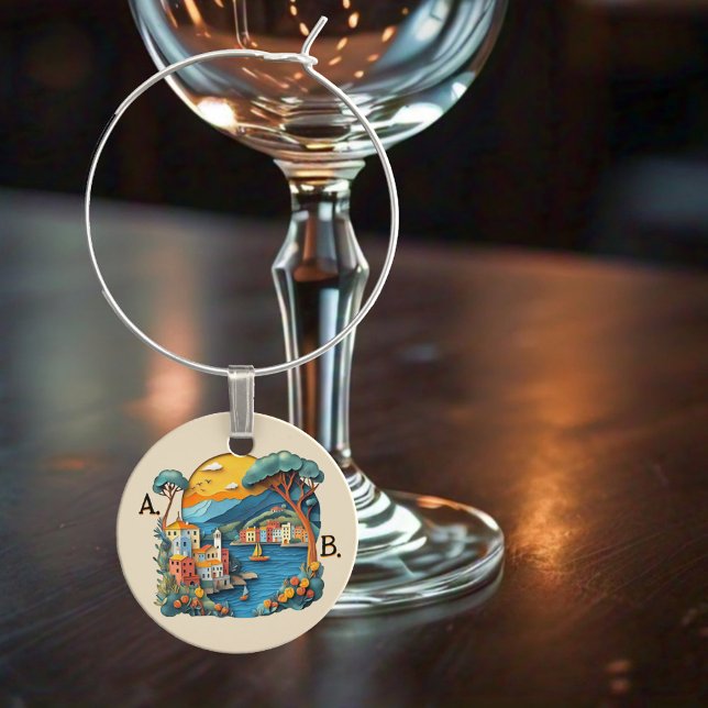 Fun Colorful Italian Coast Art Wine Charm (Fun wine charm featuring a colorful artistic representation of the Italian coastline)