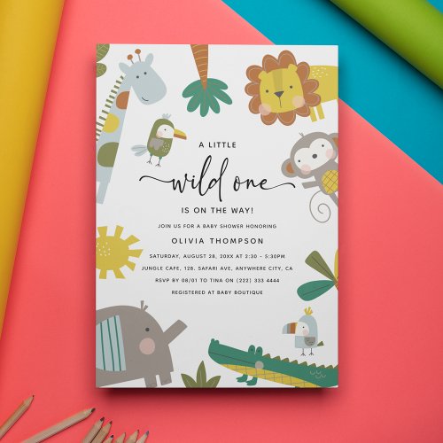 Fun Colorful Jungle Animals Wild One Baby Shower Invitation