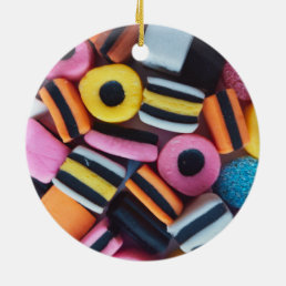 Fun, colorful, licorice candy ceramic ornament