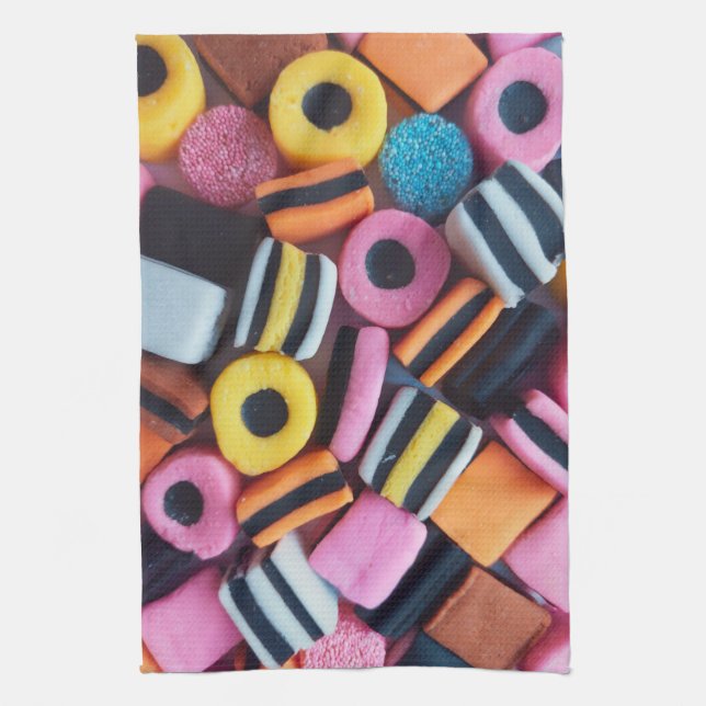 Fun, colorful, licorice candy kitchen towel (Vertical)