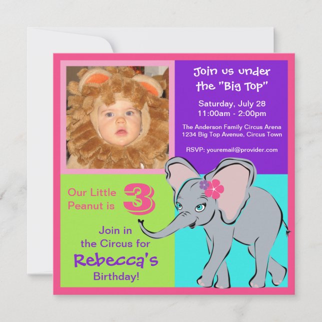 Fun Colorful Little Girl Elephant Photo Invitation (Front)