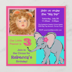 Fun Colorful Little Girl Elephant Photo Invitation