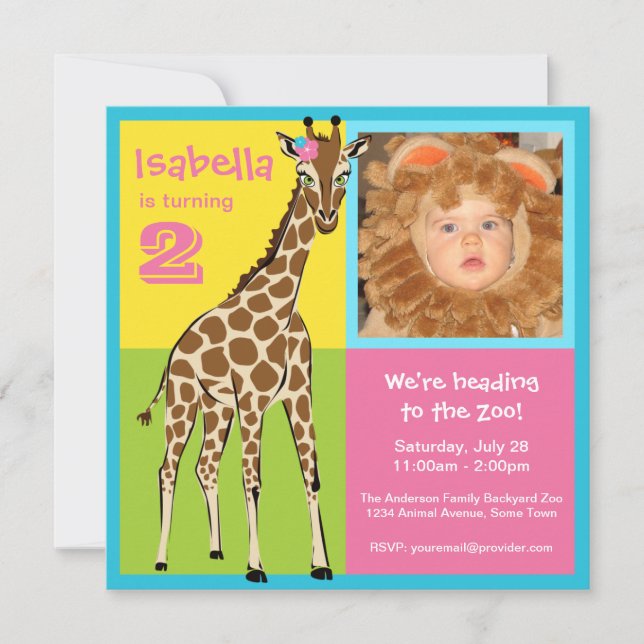 Fun Colorful Little Girl Giraffe Photo Invitation (Front)