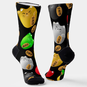 Fun Colorful Maneki-neko cats pattern on black Socks