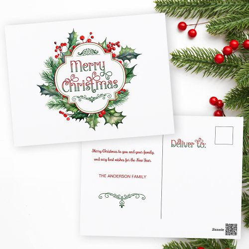 Fun Colorful Merry Christmas Holly Script Holiday Postcard