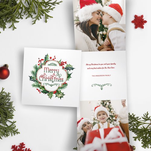 Fun Colorful Merry Christmas Holly Script Tri_Fold Holiday Card
