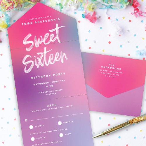 Fun Colorful Modern Sweet Sixteen Birthday Party All In One Invitation