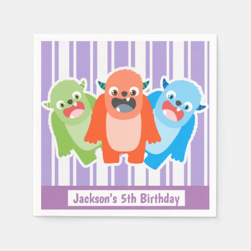 Fun Colorful Monsters Personalised Kids Birthday Napkins