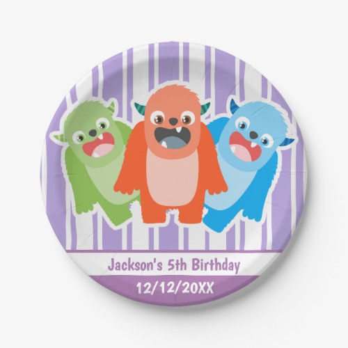 Fun Colorful Monsters Personalised Kids Birthday Paper Plates