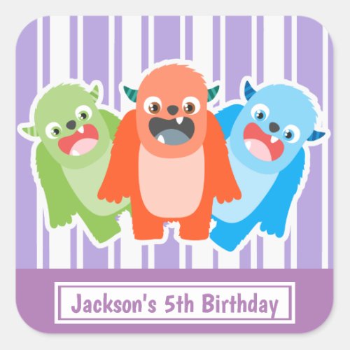 Fun Colorful Monsters Personalised Kids Birthday Square Sticker