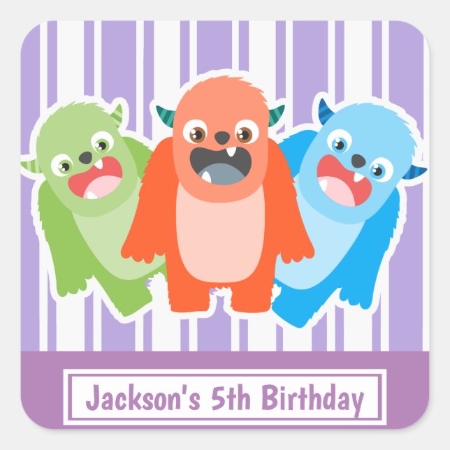 Fun Colorful Monsters Personalised Kids Birthday Square Sticker (Front)