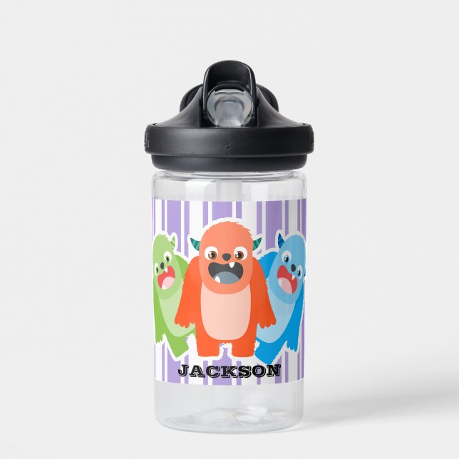 Fun Colorful Monsters Personalised Kids Water Bottle (Front)