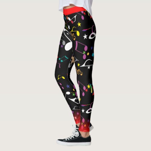 FUN Colorful Musical Notes and Red Trim on BLACK Leggings