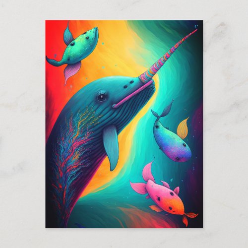 Fun Colorful Narwhal Fantasy Sea Creatures Rainbow Postcard