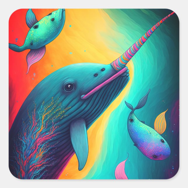 Fun Colorful Narwhal Fantasy Sea Creatures Rainbow Square Sticker (Front)