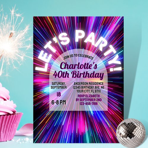 Fun Colorful Neon Glowing 80s Retro Birthday Invitation