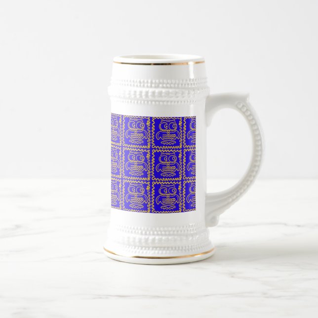Fun Colorful Owls Blue Yellow ZigZag Pattern Beer Stein (Right)